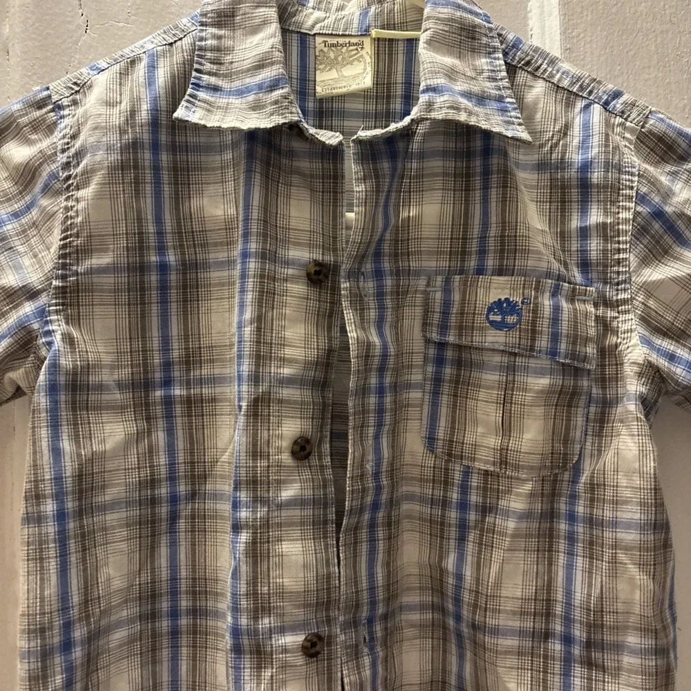 Timberland Boys Size 6 Short‎ Sleeved Button Up Dress Shirt, Blue And Brown